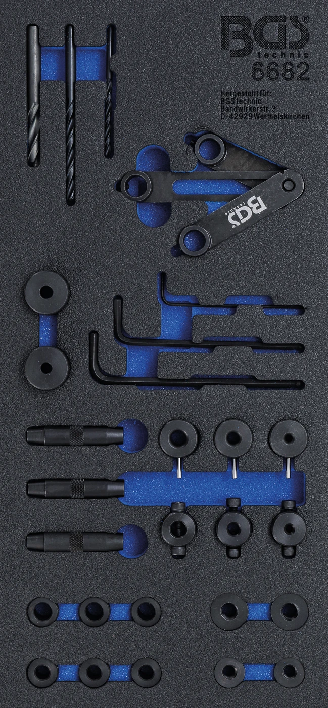 BGS Werkstattwageneinlage 1/3: Zylinderkopf-Bohrlehren-Werkzeug-Satz | 28-tlg. – 6682 3 BGS Werkstattwageneinlage 1/3: Zylinderkopf-Bohrlehren-Werkzeug-Satz | 28-tlg. – 6682